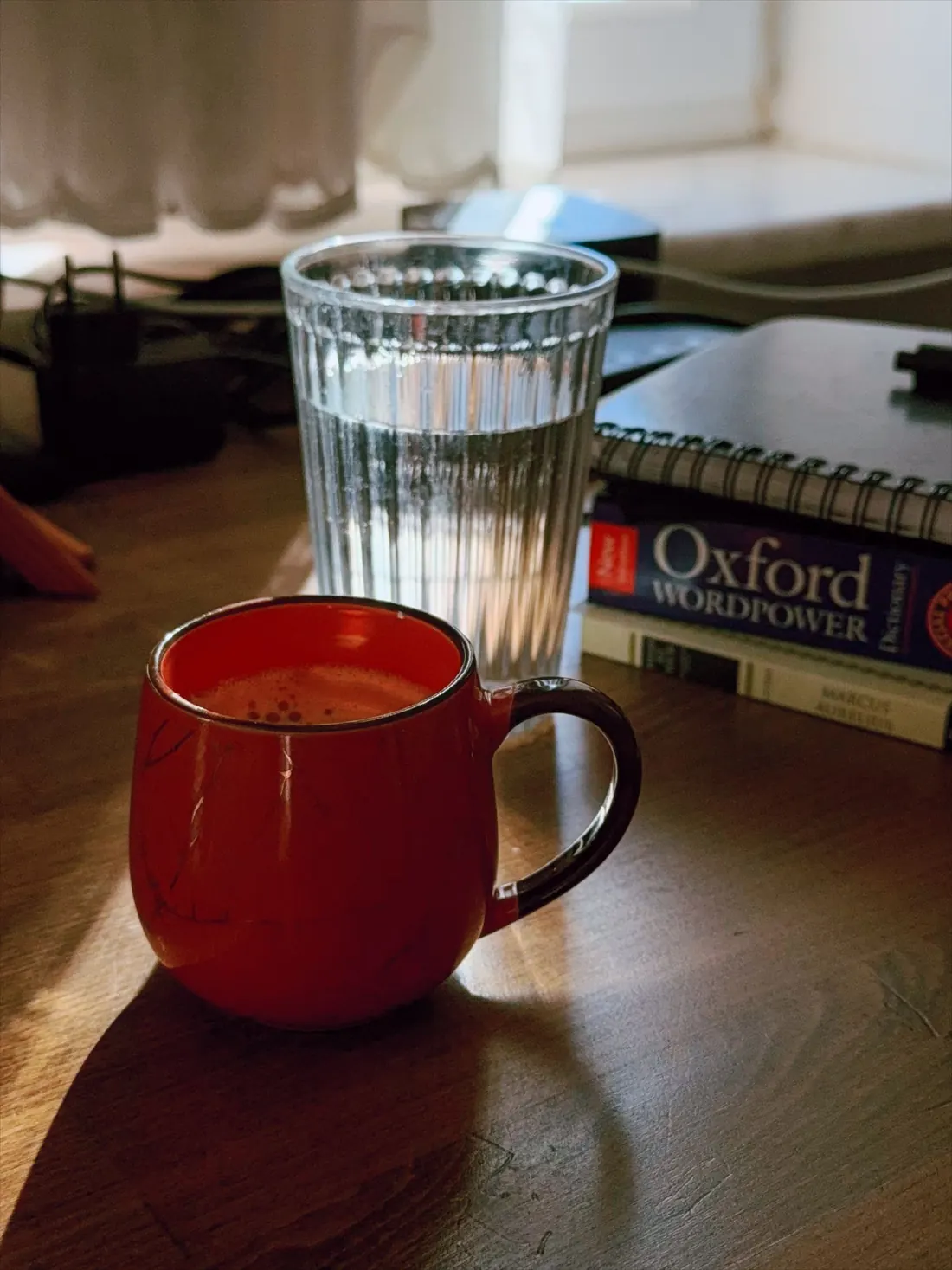 Caneca vermelha ao lado de um dicionário de inglês, luz da tarde