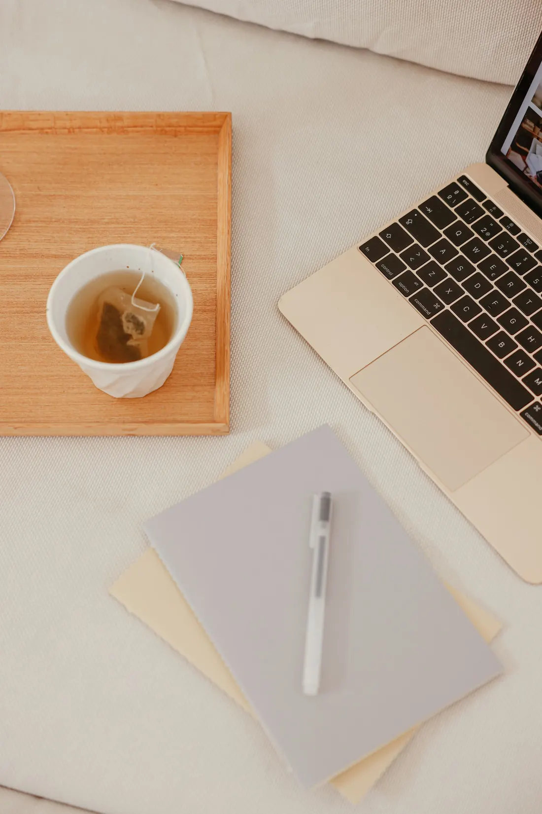 Chá, caderno e notebook vistos de cima, para a sessão online