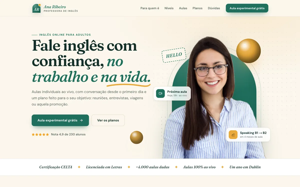 Site de exemplo de Ana Ribeiro, professora de inglês